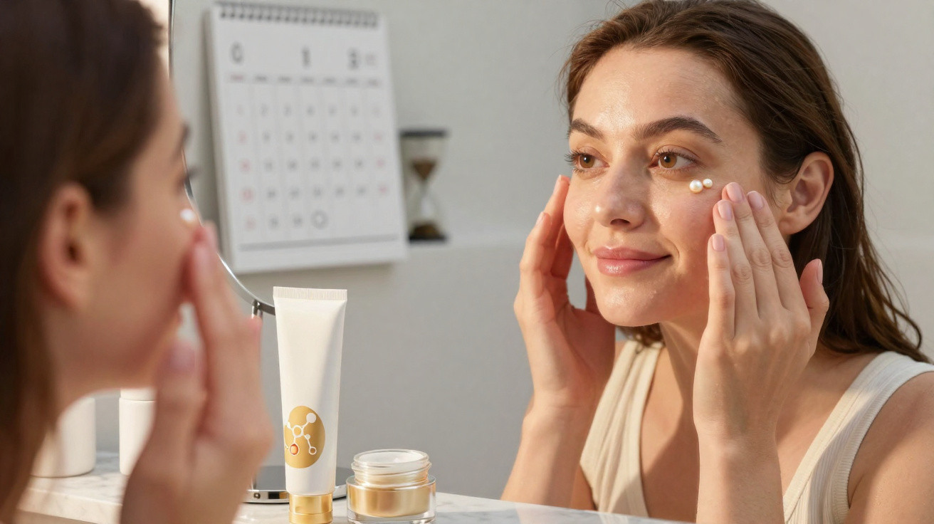 Woman applying eye cream while looking in bathroom mirror with skincare products on counter.