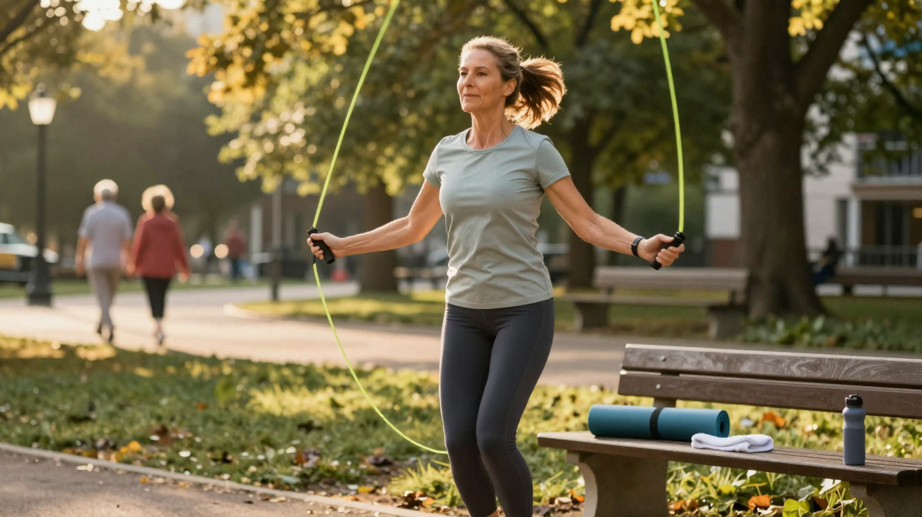 Woman skipping with a jump rope in a park on a sunny autumn day near a bench with yoga mat and water bottle.