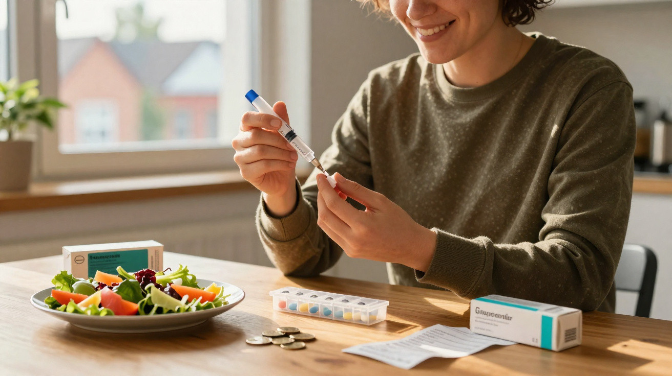 Person preparing insulin with a meal and medication on a wooden table in a sunlit kitchen.