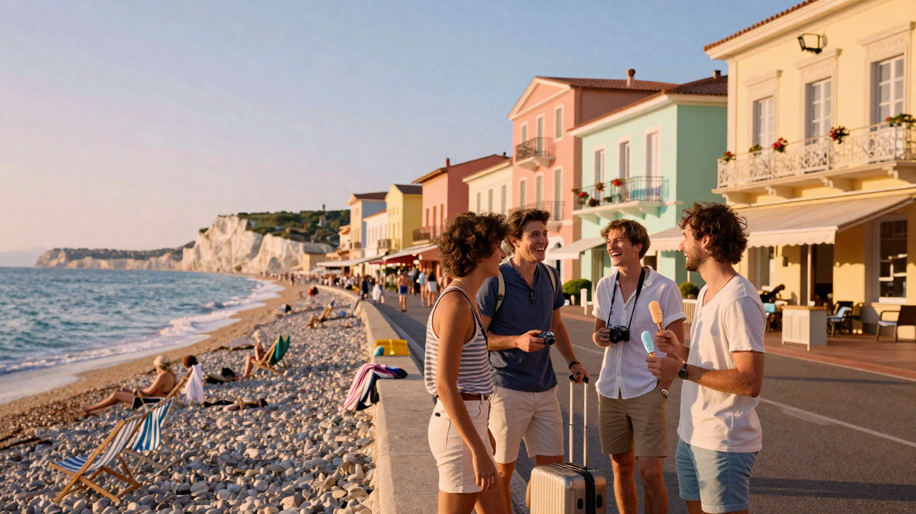 Four friends chatting by a pebble beach with colourful pastel houses and white cliffs in the background.