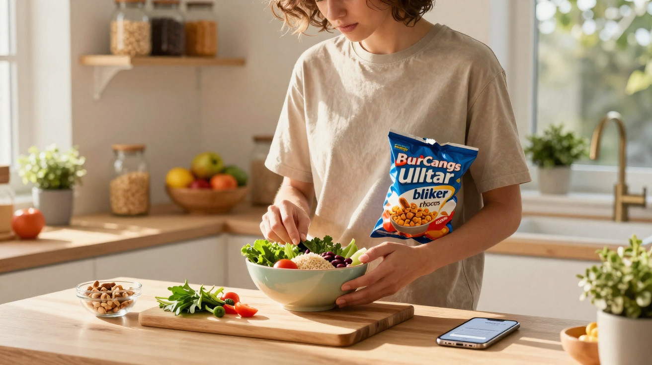 Person preparing a fresh salad with vegetables and holding a blue snack packet in a bright kitchen.