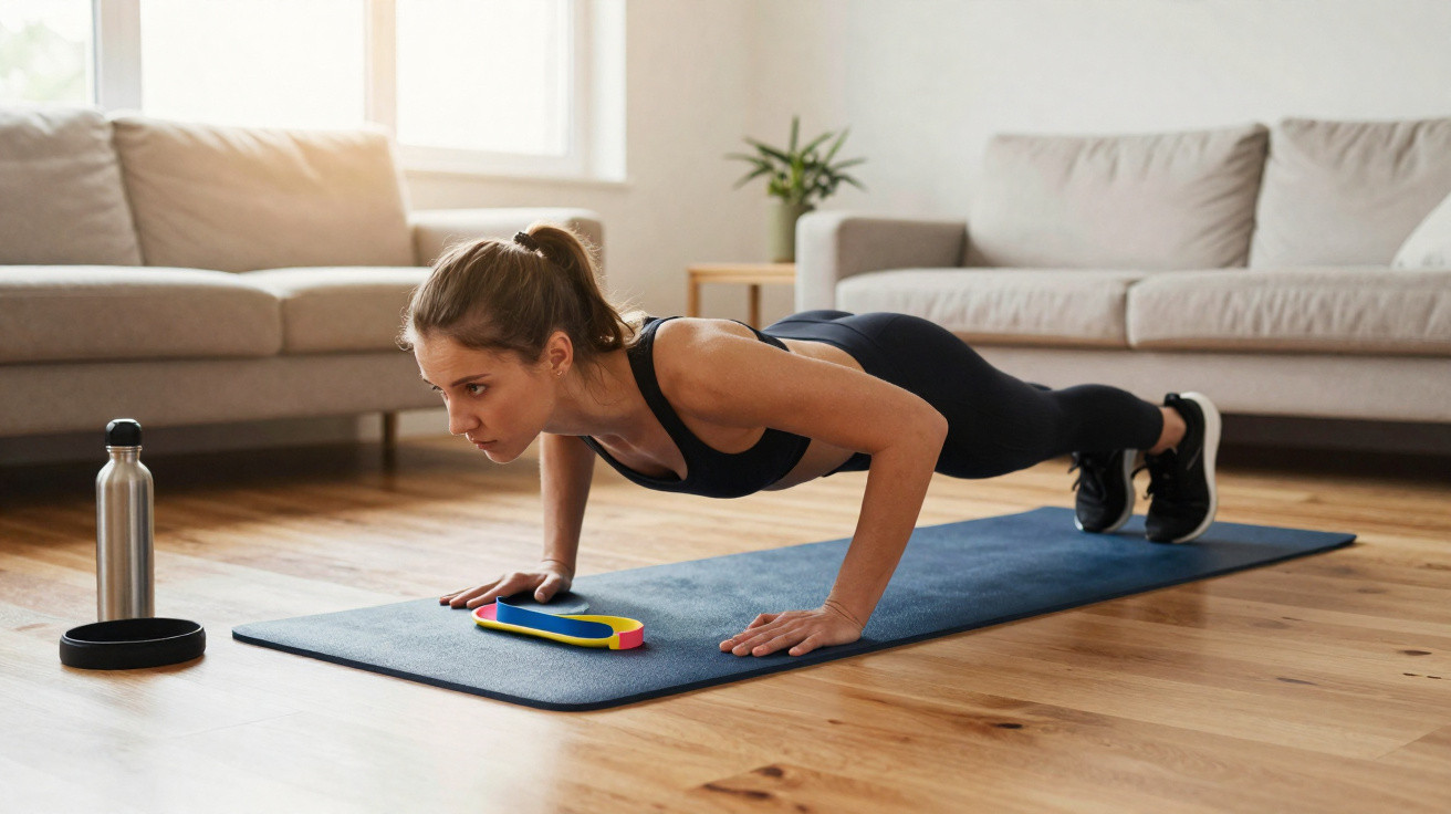 Young woman doing push-ups on a mat in a bright living room with a water bottle nearby.