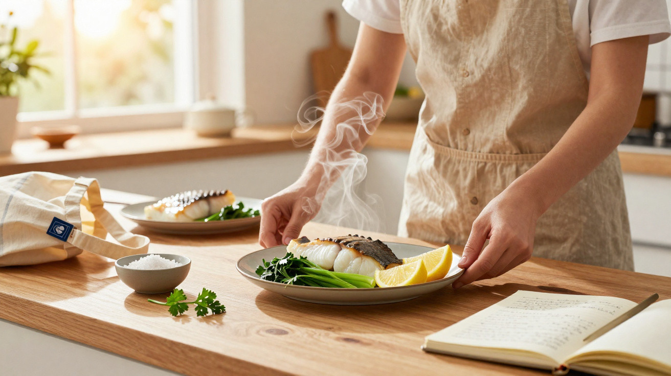 Person serving a steaming plate of cooked fish with lemon wedges and greens on a wooden kitchen counter.