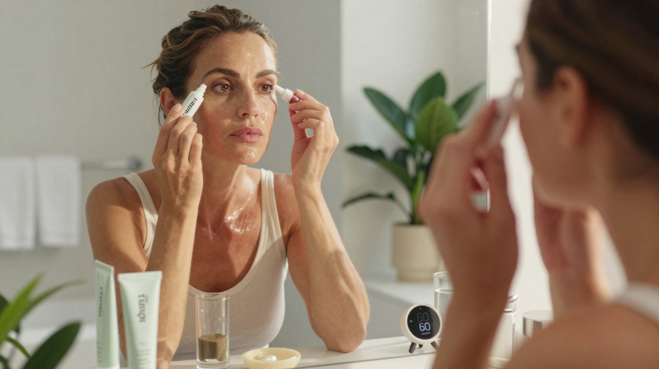 Woman applying eye cream in front of a bathroom mirror with skincare products and a plant in the background