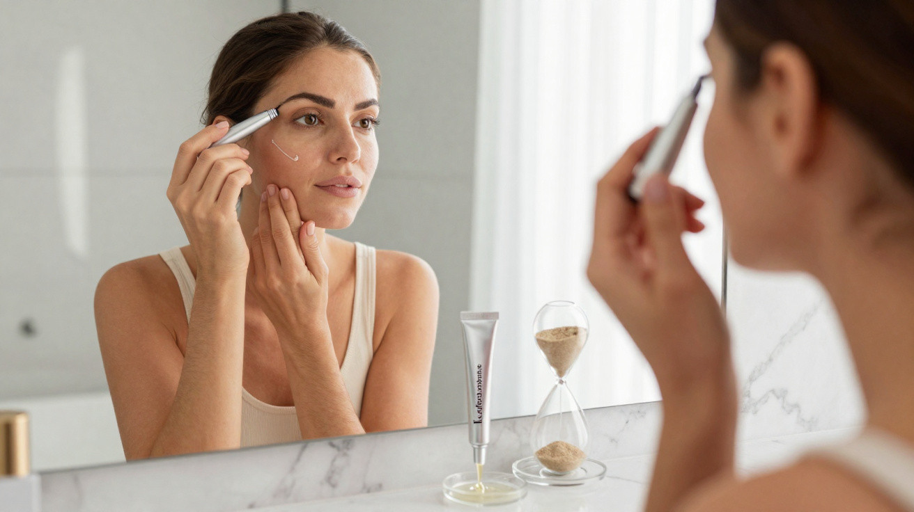 Woman applying skincare cream under her eyes while looking in a bathroom mirror with an hourglass on the counter.