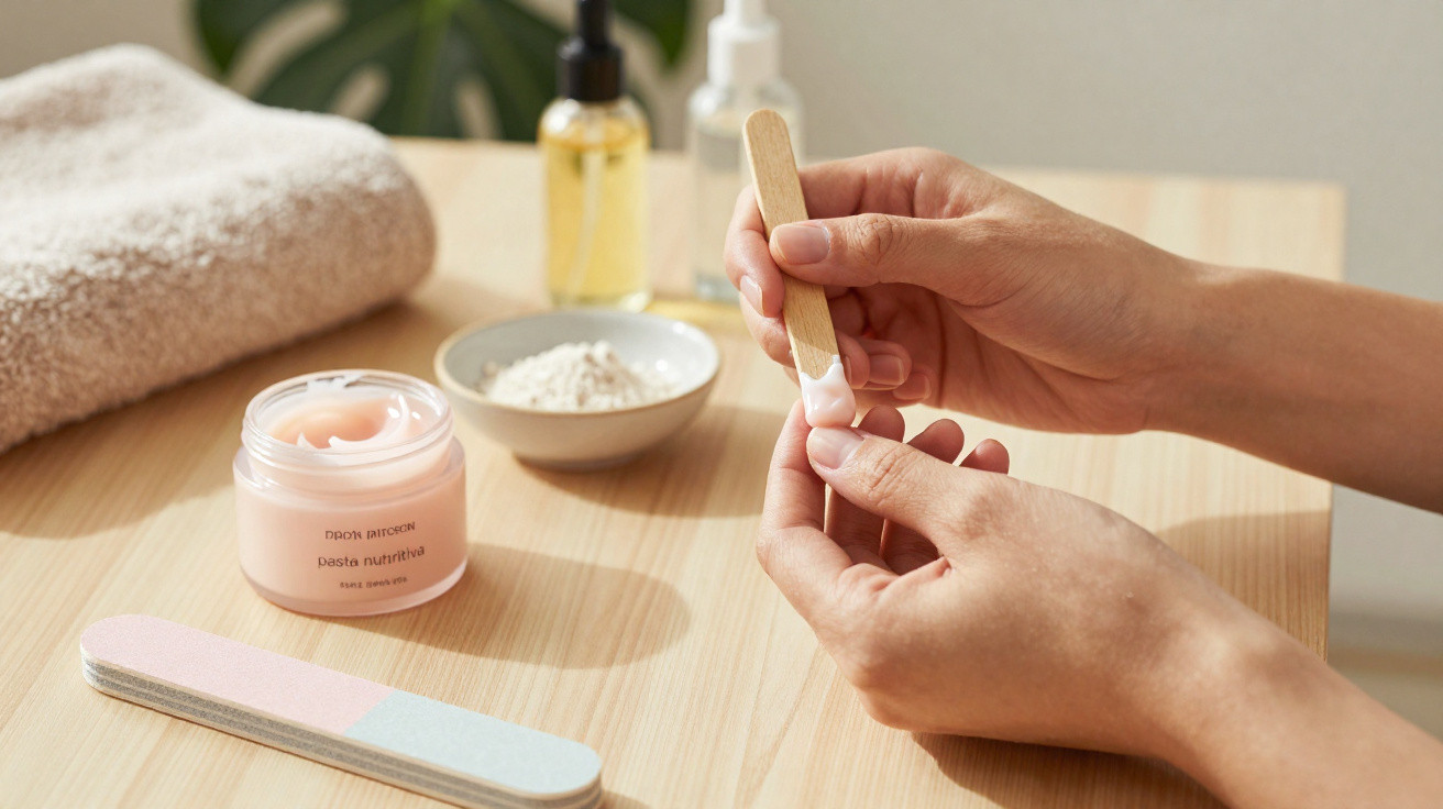 Hands applying cream on nails with a wooden stick, surrounded by nail care items on a wooden table.