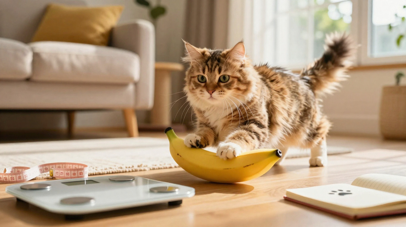 Fluffy tabby cat playfully grabbing a banana on a wooden floor with a sofa, scale, and notebook nearby.