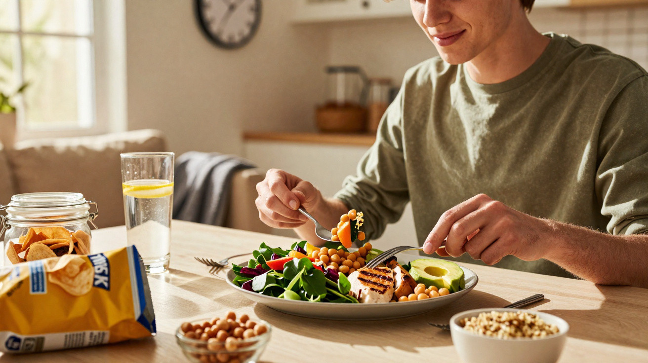 Person eating a healthy salad with grilled chicken, avocado, chickpeas, and vegetables at a wooden table.