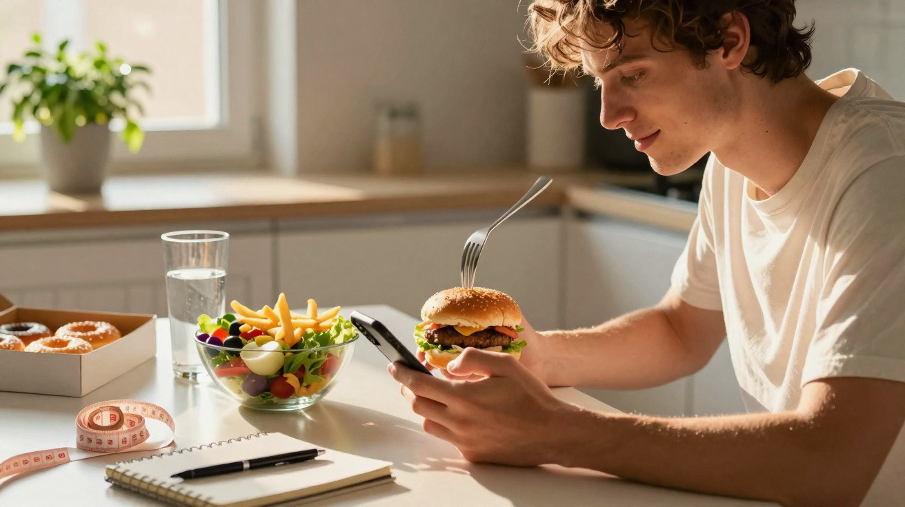 Young man sitting at kitchen table holding burger and smartphone, with salad, water, doughnuts, and notebook nearby