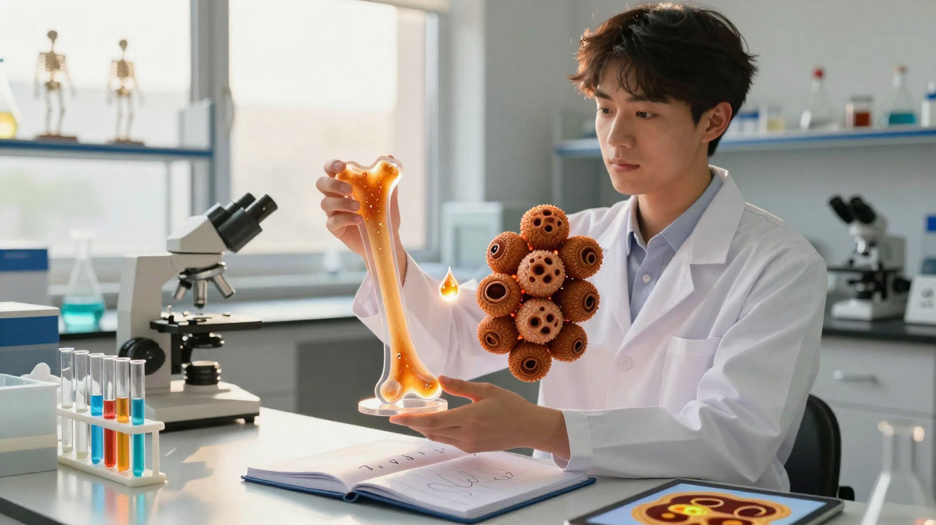 Scientist in lab coat examining a glowing bone and virus model with microscopes and test tubes in the background.