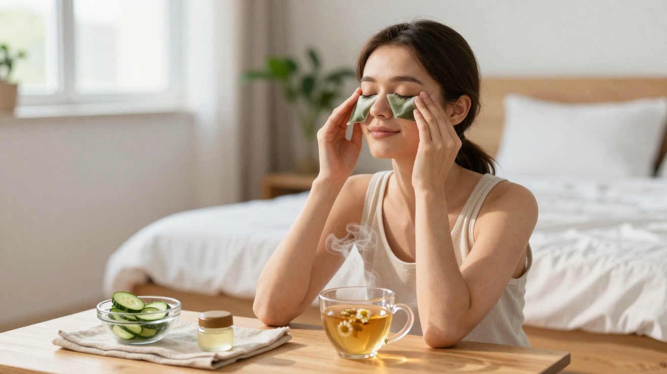 Woman relaxing with cucumber slices on eyes, chamomile tea, honey and cucumber in a sunlit bedroom.