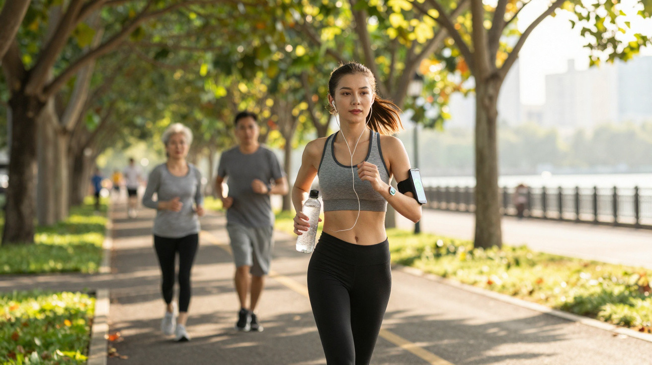 Young woman jogging with water bottle on tree-lined path, others jogging in background on sunny day