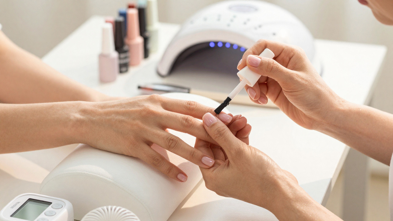 Close-up of a person applying black nail polish to another person's nails at a manicure station.