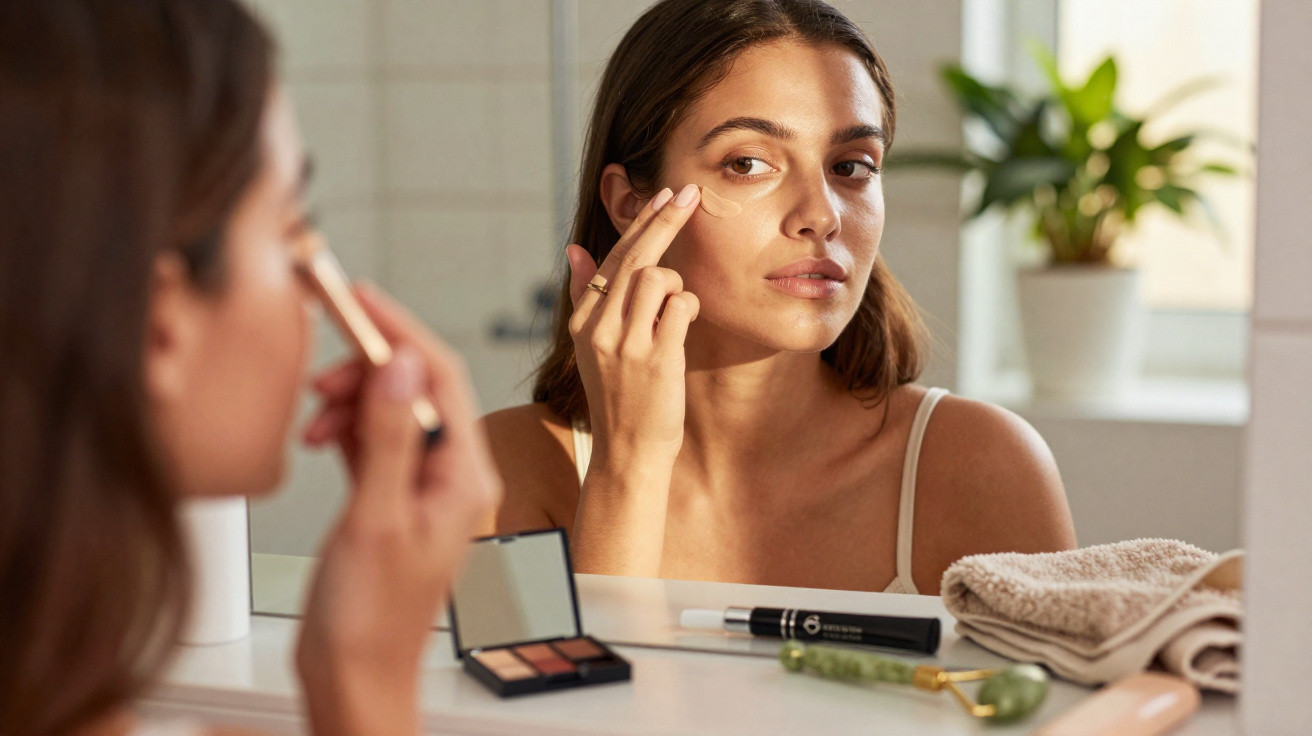 Woman applying concealer to under-eye area in front of a bathroom mirror with skincare tools nearby.