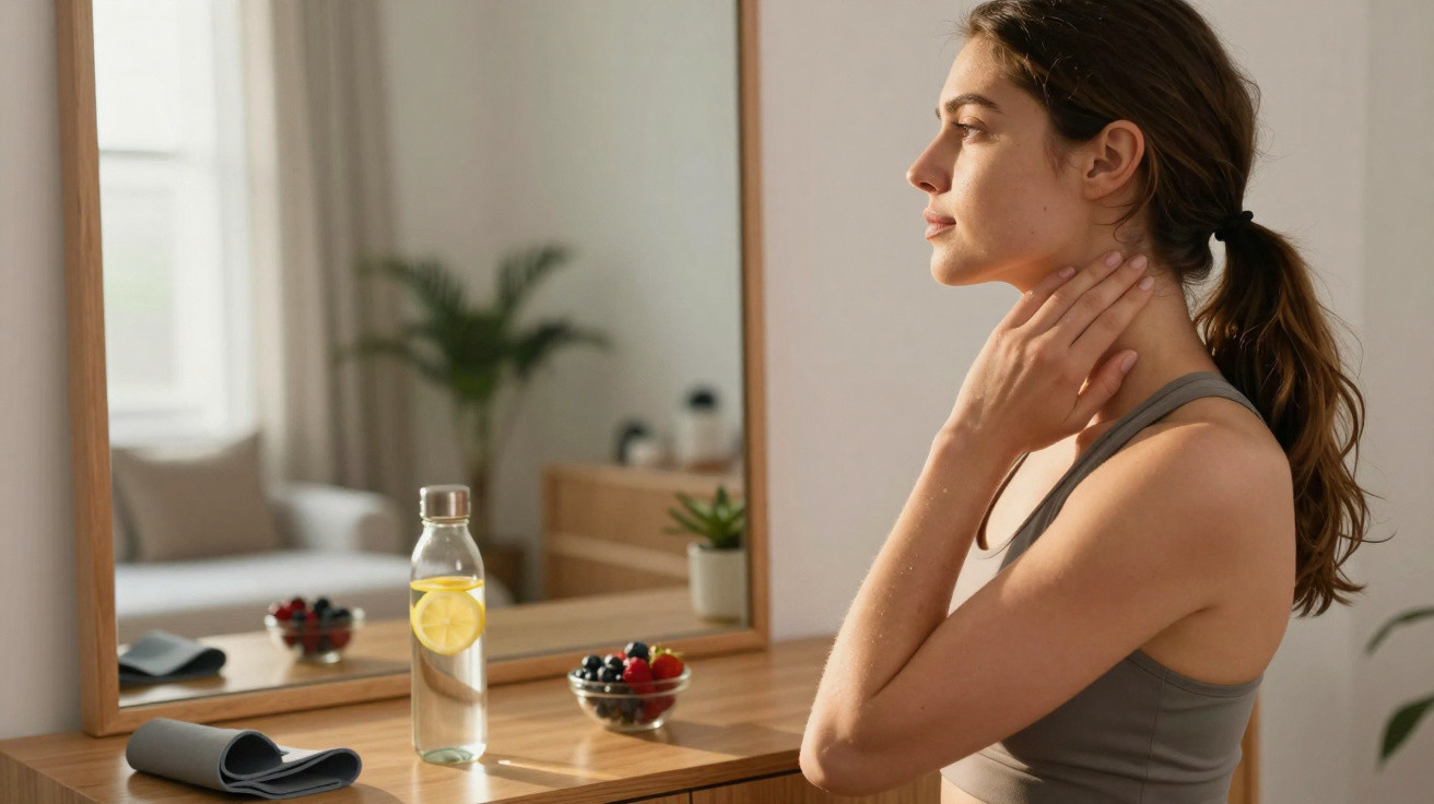 Woman in sportswear touching her neck standing in front of a mirror with a water bottle and fruit bowl nearby
