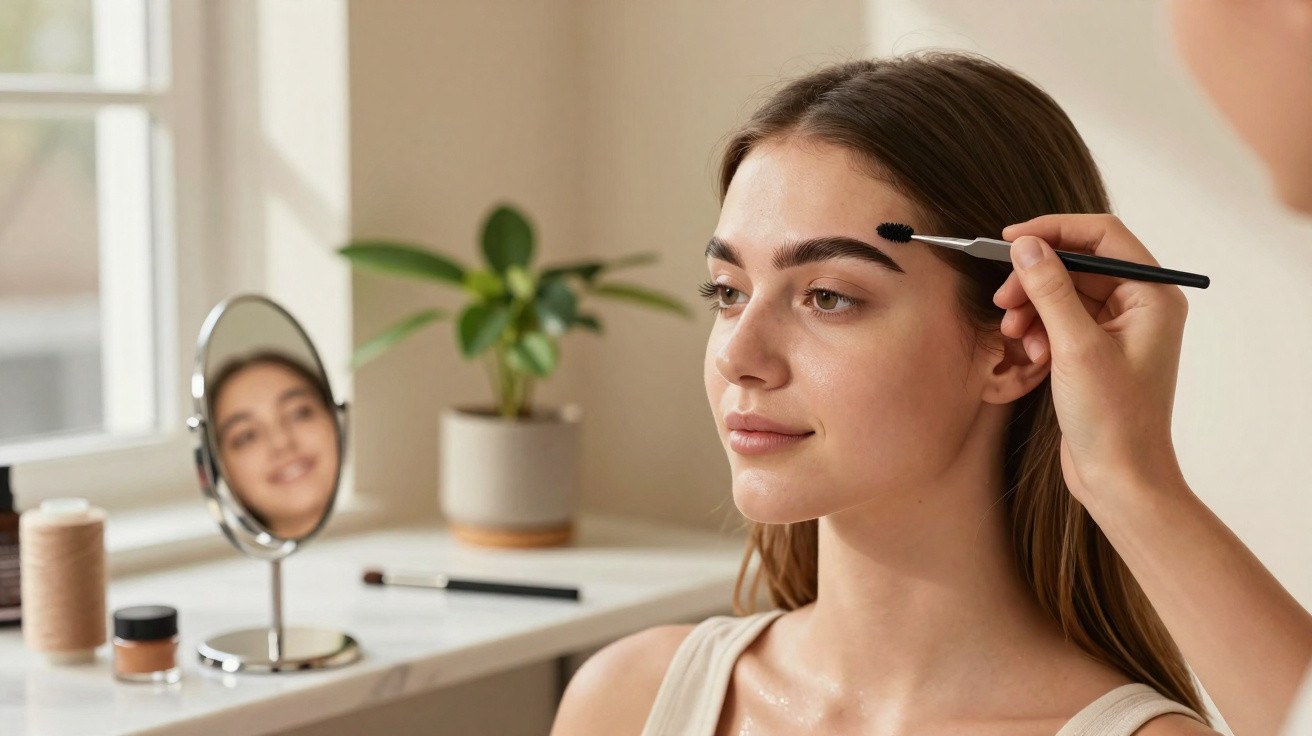 Woman sitting in front of a mirror having her eyebrows groomed with a spoolie brush by another person.