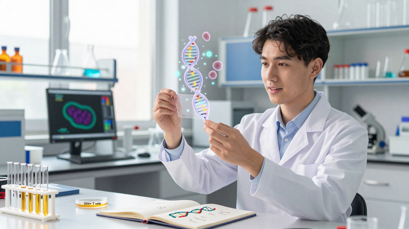 Scientist in lab coat examining a holographic DNA strand in a modern laboratory with test tubes and microscope.