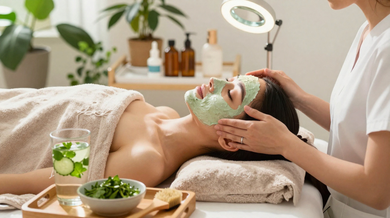 Woman receiving facial massage with green face mask in a spa setting with skincare products and cucumber water nearby.