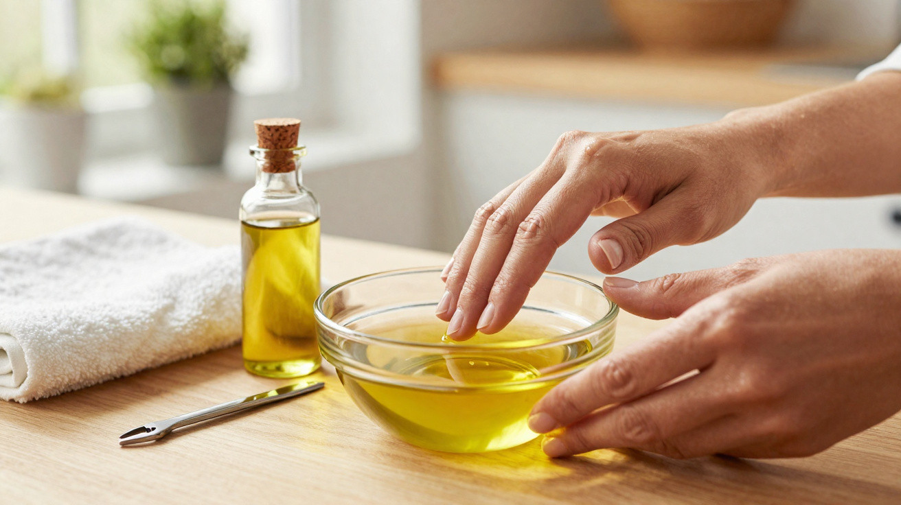 Hands dipping fingers into a bowl of oil on a wooden table with a bottle, towel, and nail clipper nearby.