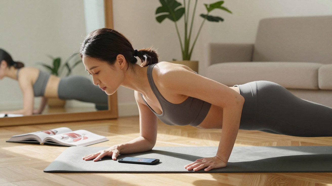 Woman in grey sportswear doing plank exercise on yoga mat in living room with open book and smartphone nearby.