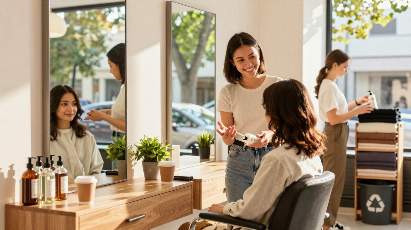 Hairdresser showing hair product to client sitting in salon chair with another staff member organising towels nearby