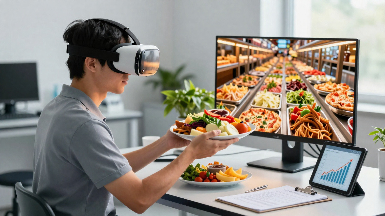 Man wearing virtual reality headset holding plate of food, looking at screen showing buffet selection.