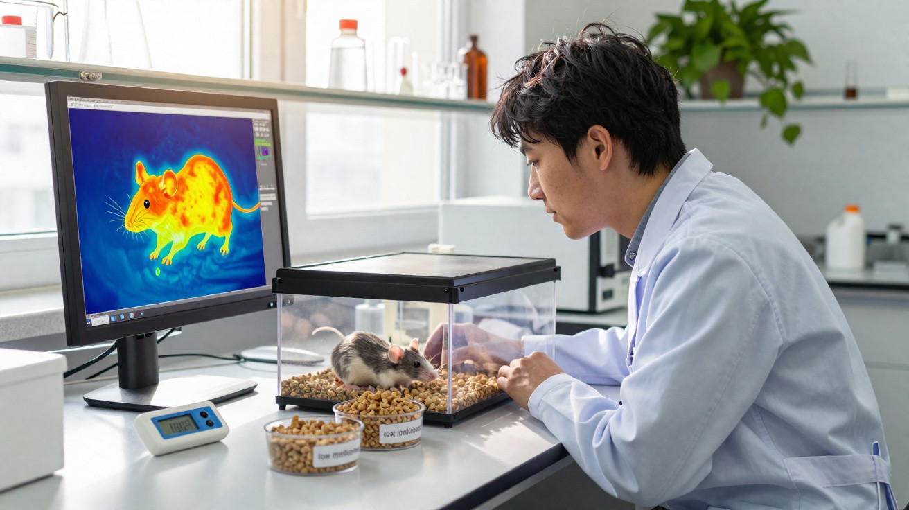 Scientist observing a lab rat in a transparent box beside a monitor showing its thermal image in a laboratory.