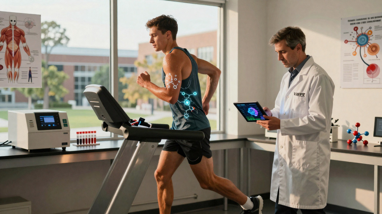 Man running on treadmill monitored by scientist with tablet in a laboratory setting.