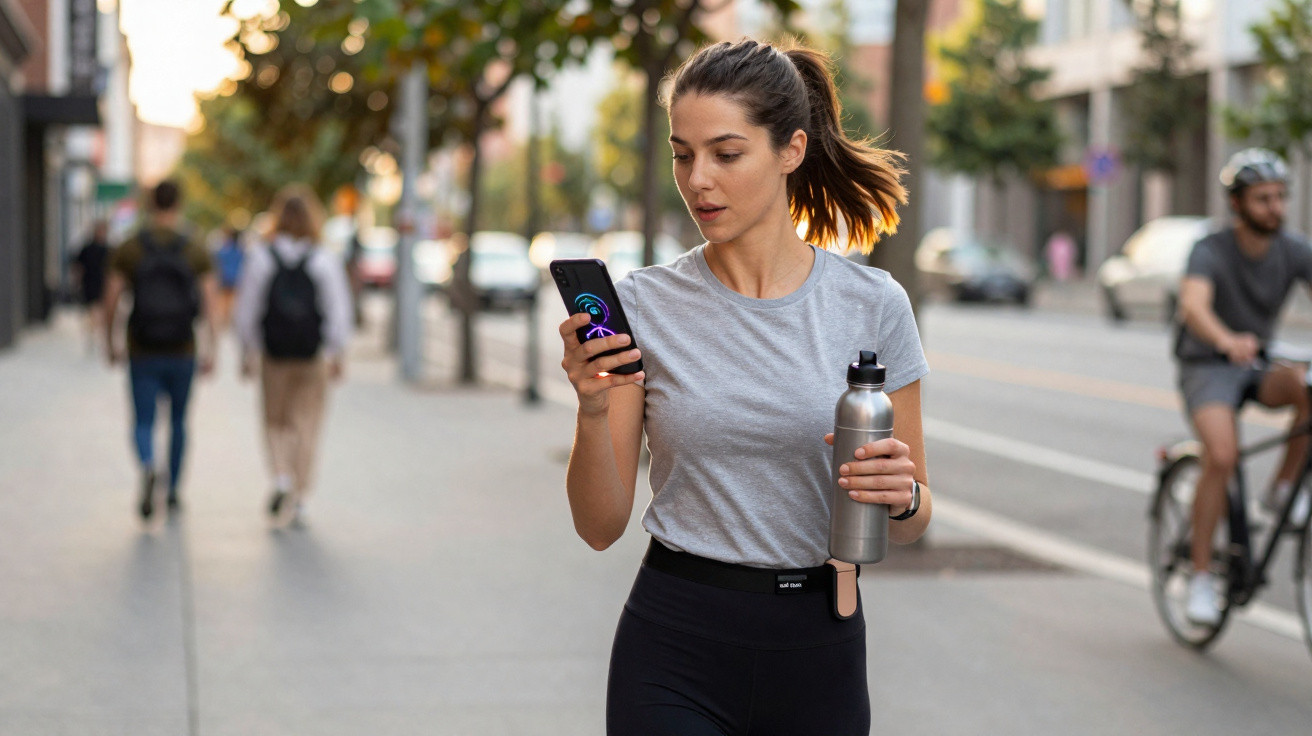 Woman in sportswear holding a water bottle and looking at her phone while walking on a city sidewalk.