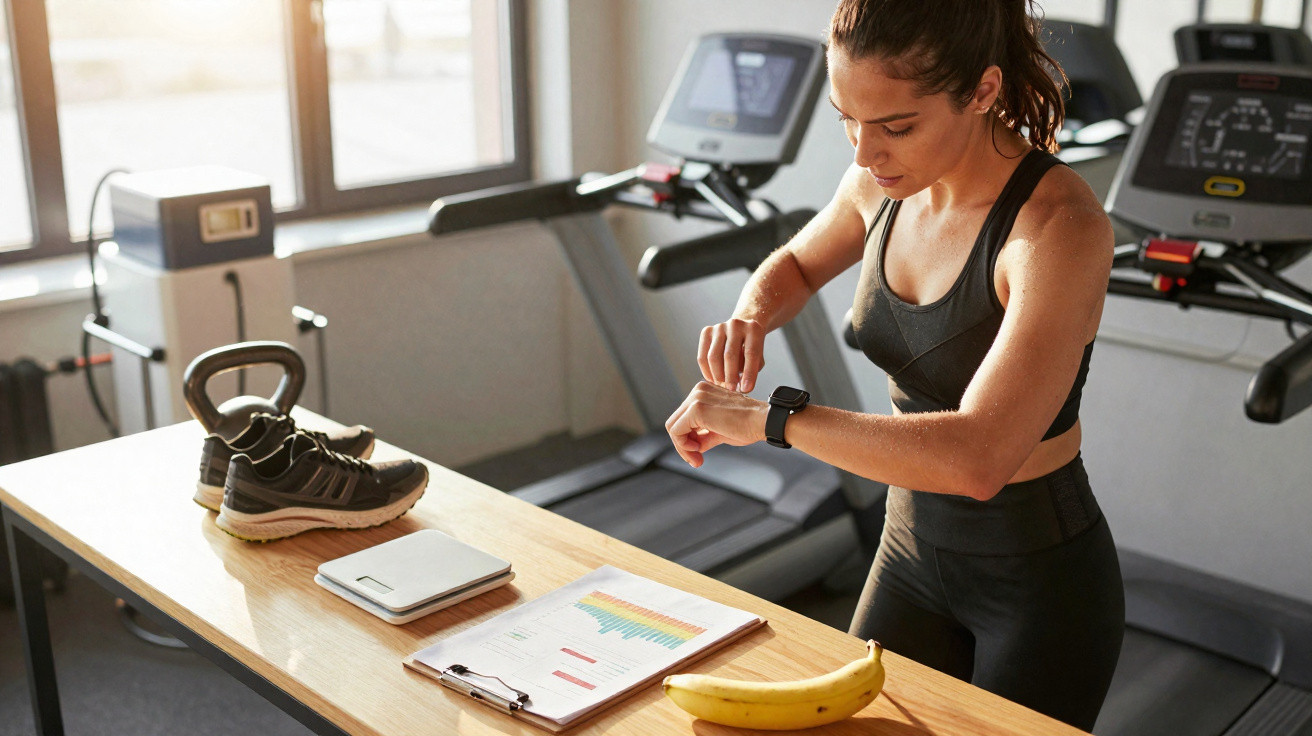 Woman in gym wear checking fitness watch near a table with shoes, weights, clipboard, and banana.
