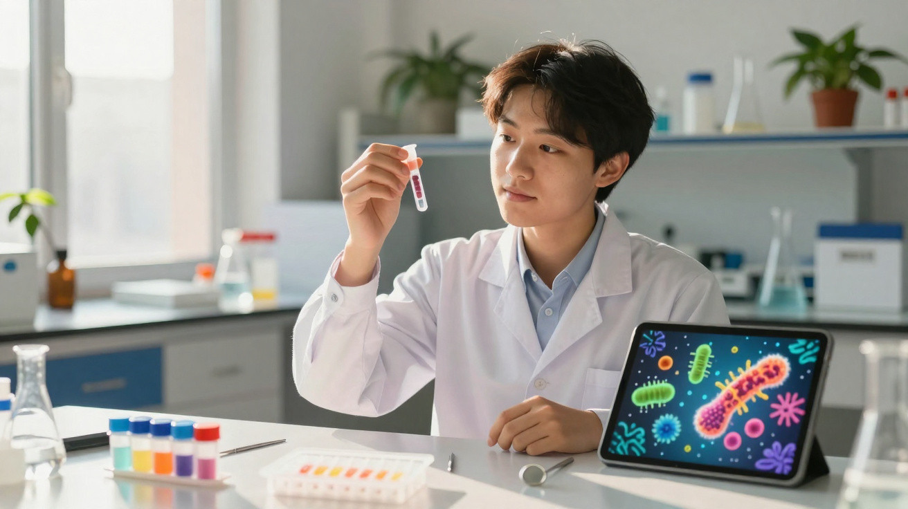 Scientist in lab coat examining test tube with tablet displaying colourful bacteria illustrations on a lab table.