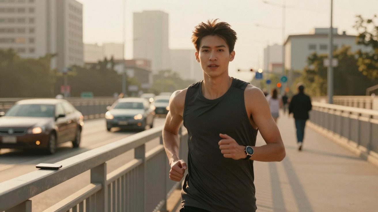 Young man jogging on a city bridge in the early morning light wearing a black sleeveless top and fitness watch