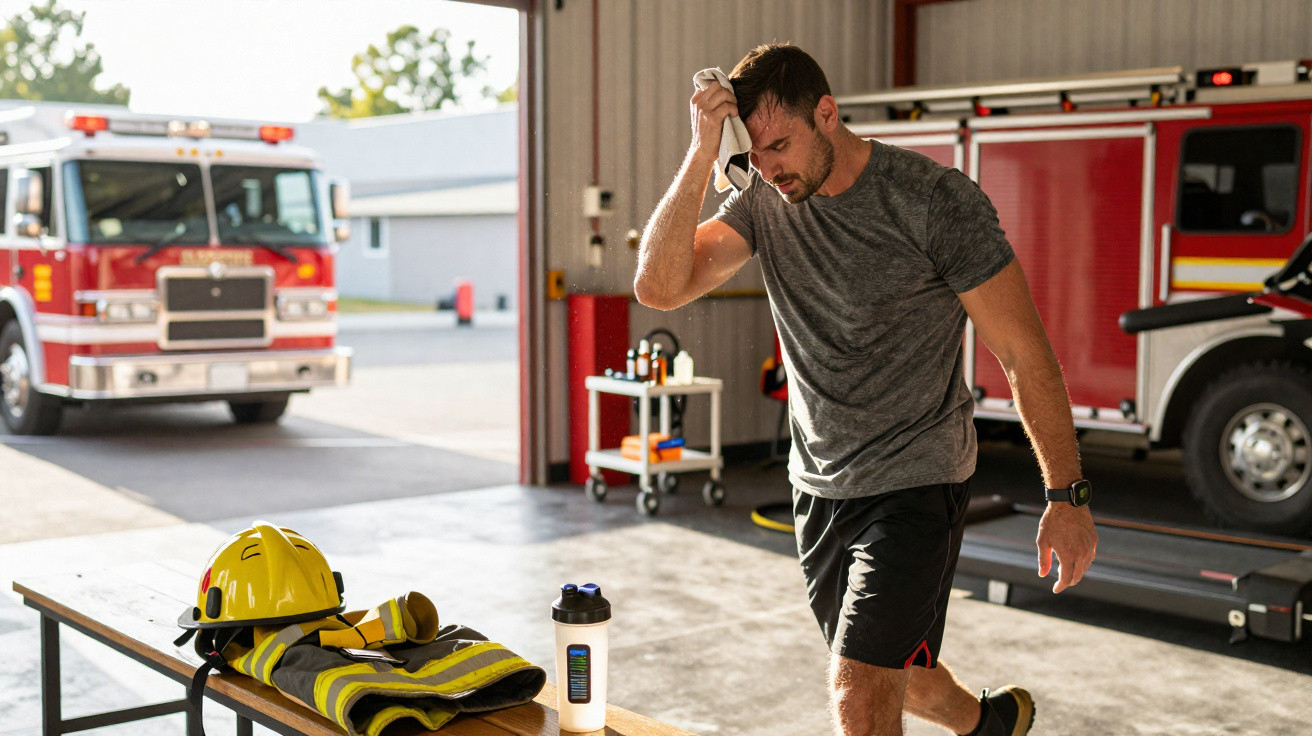 Man wiping sweat from his forehead in a fire station gym with fire truck and firefighting gear nearby.