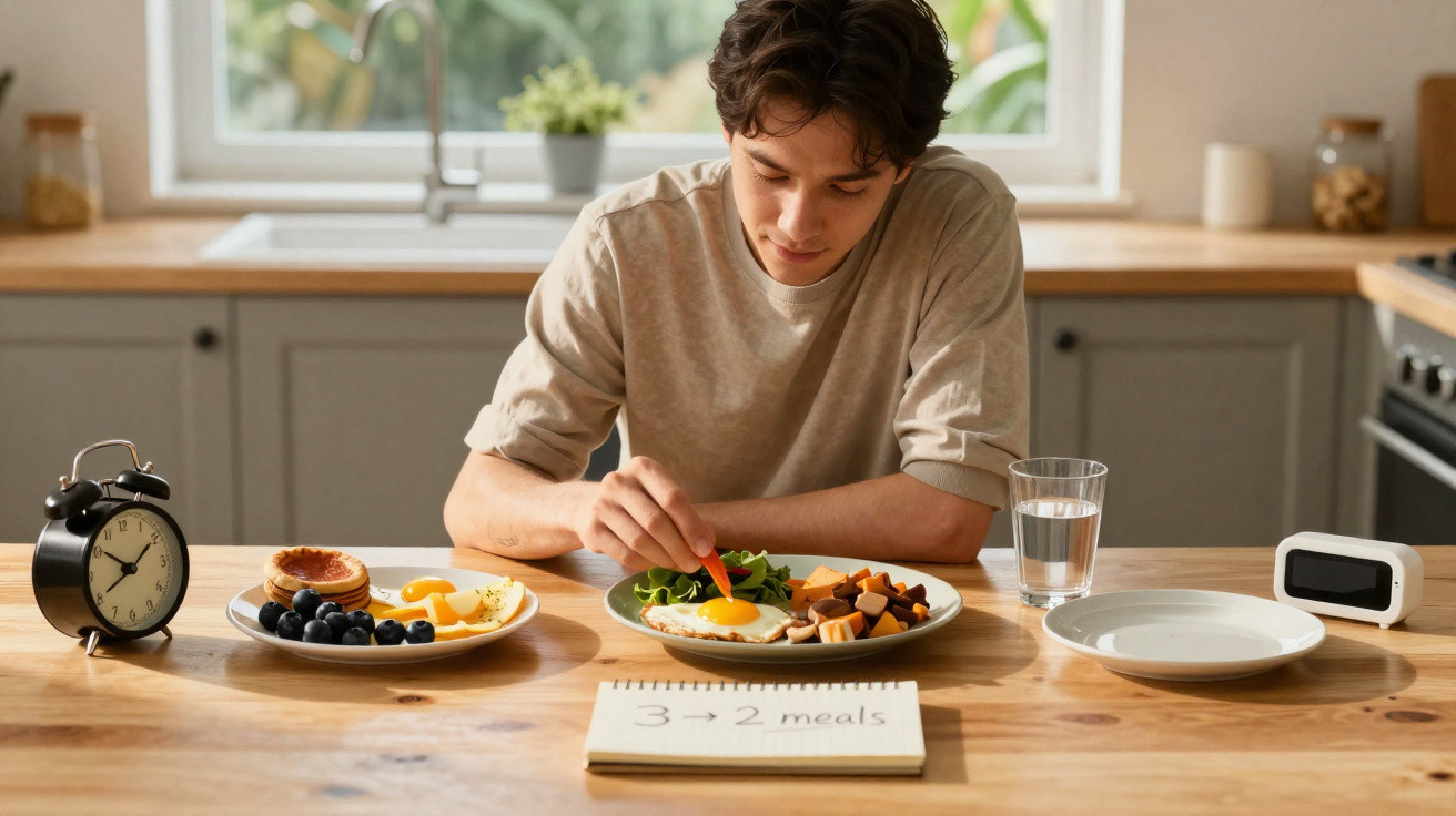 Young man eating breakfast at kitchen table with alarm clocks and a note about meals on wooden surface.