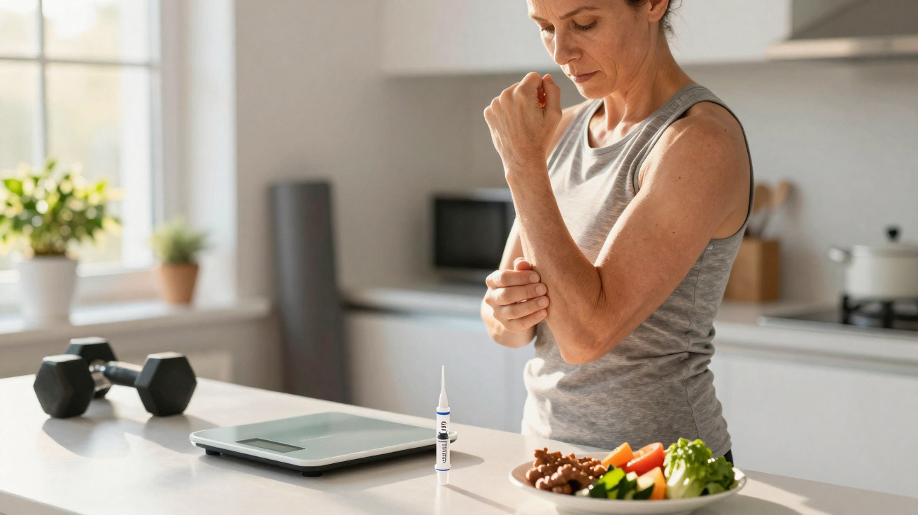 Middle-aged woman checking blood sugar using insulin pen in modern kitchen with healthy meal and weights nearby