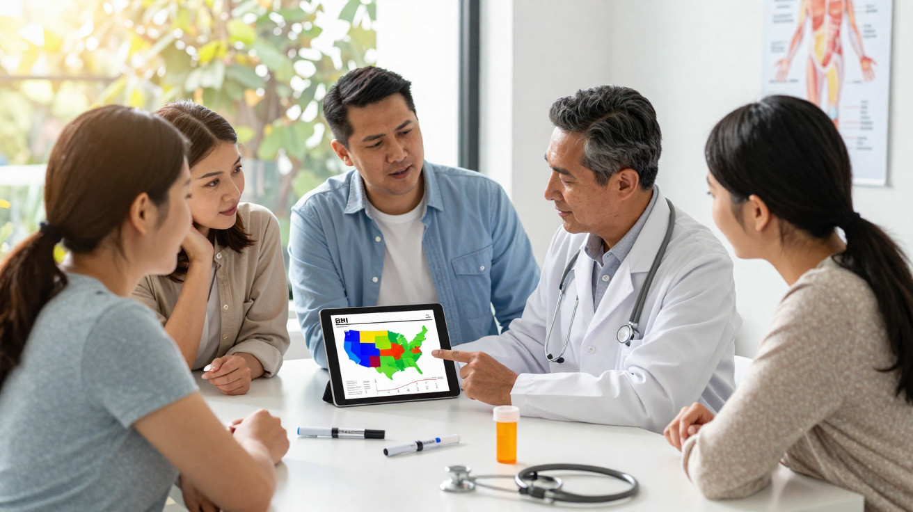 Doctor showing a tablet with a US map to four adults in a consultation room.
