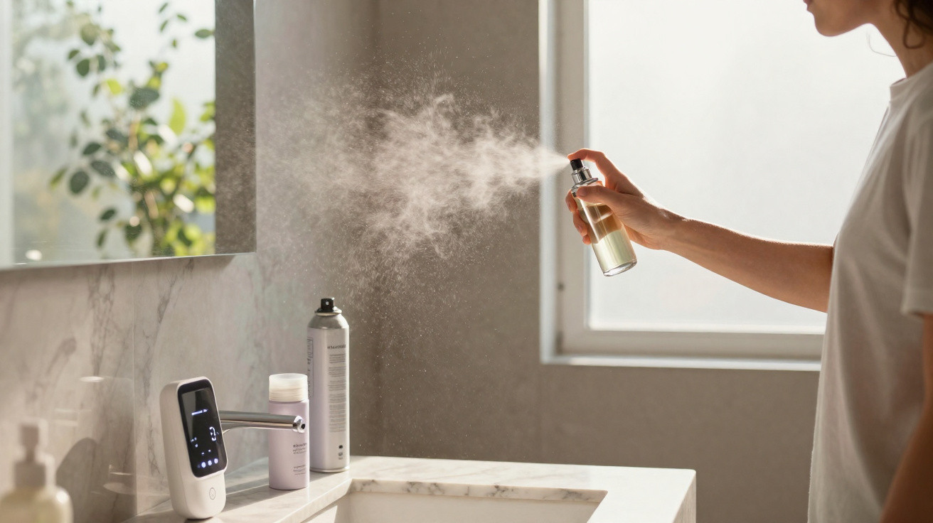 Person spraying a mist from a bottle in a bright bathroom with toiletries by the sink.