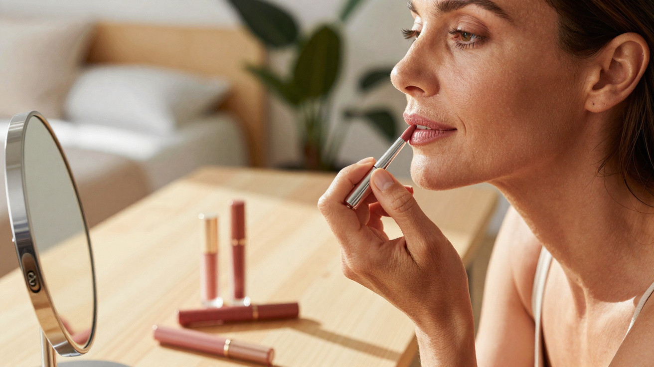 Woman applying nude lipstick in front of a round mirror on a wooden table with plants in background.