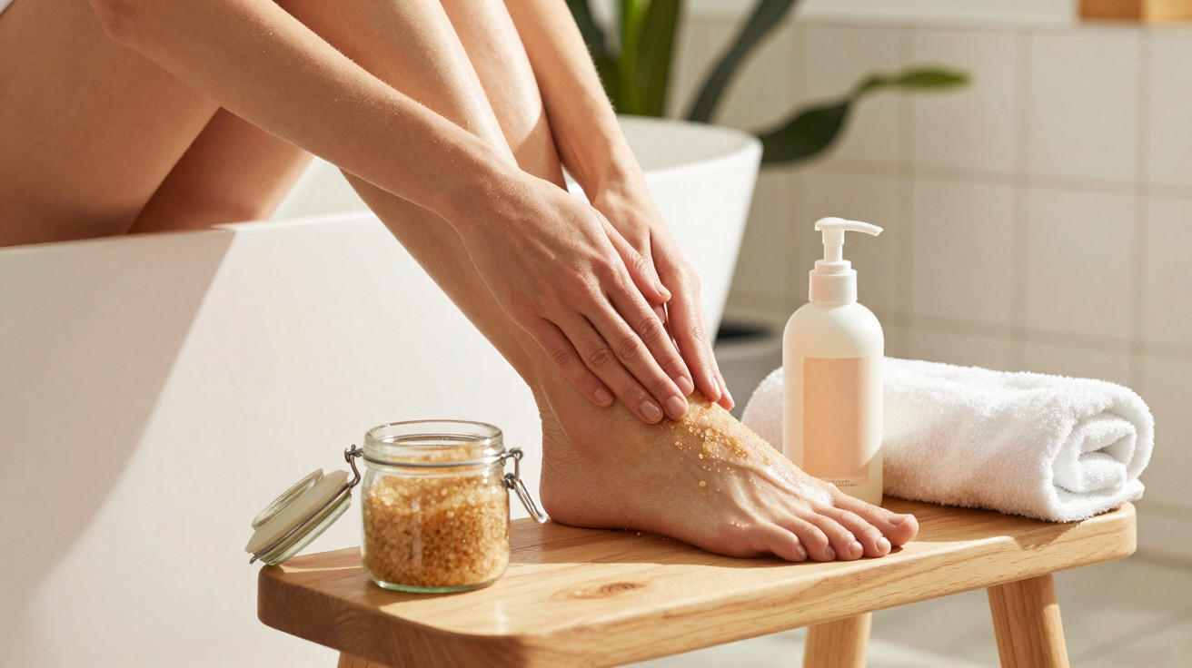 Person exfoliating foot with scrub on wooden stool next to lotion bottle and white towel in bathroom setting.