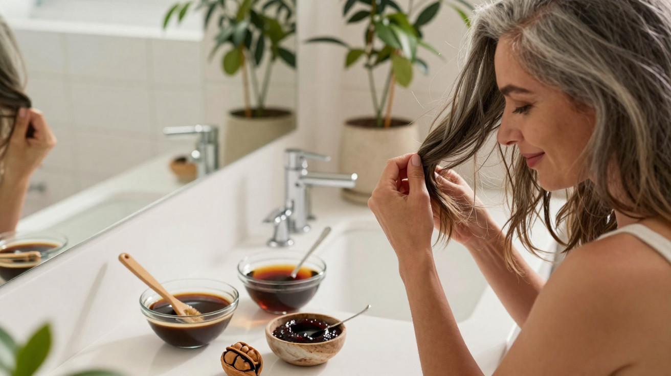 Woman applying hair treatment in bathroom with natural ingredients on the countertop and plants in the background