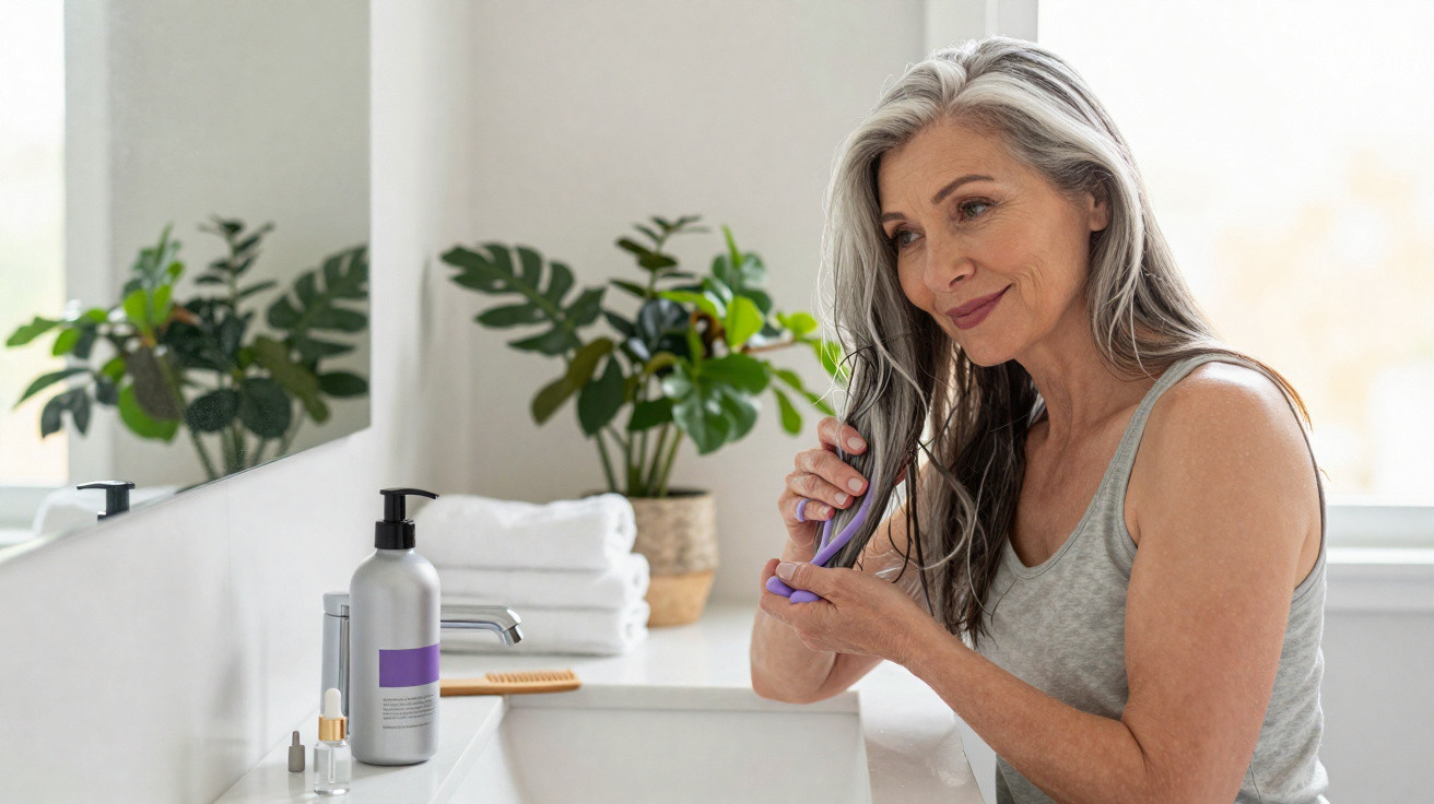 Mature woman with grey hair using a purple hair straightener in a bright bathroom with plants and towels.