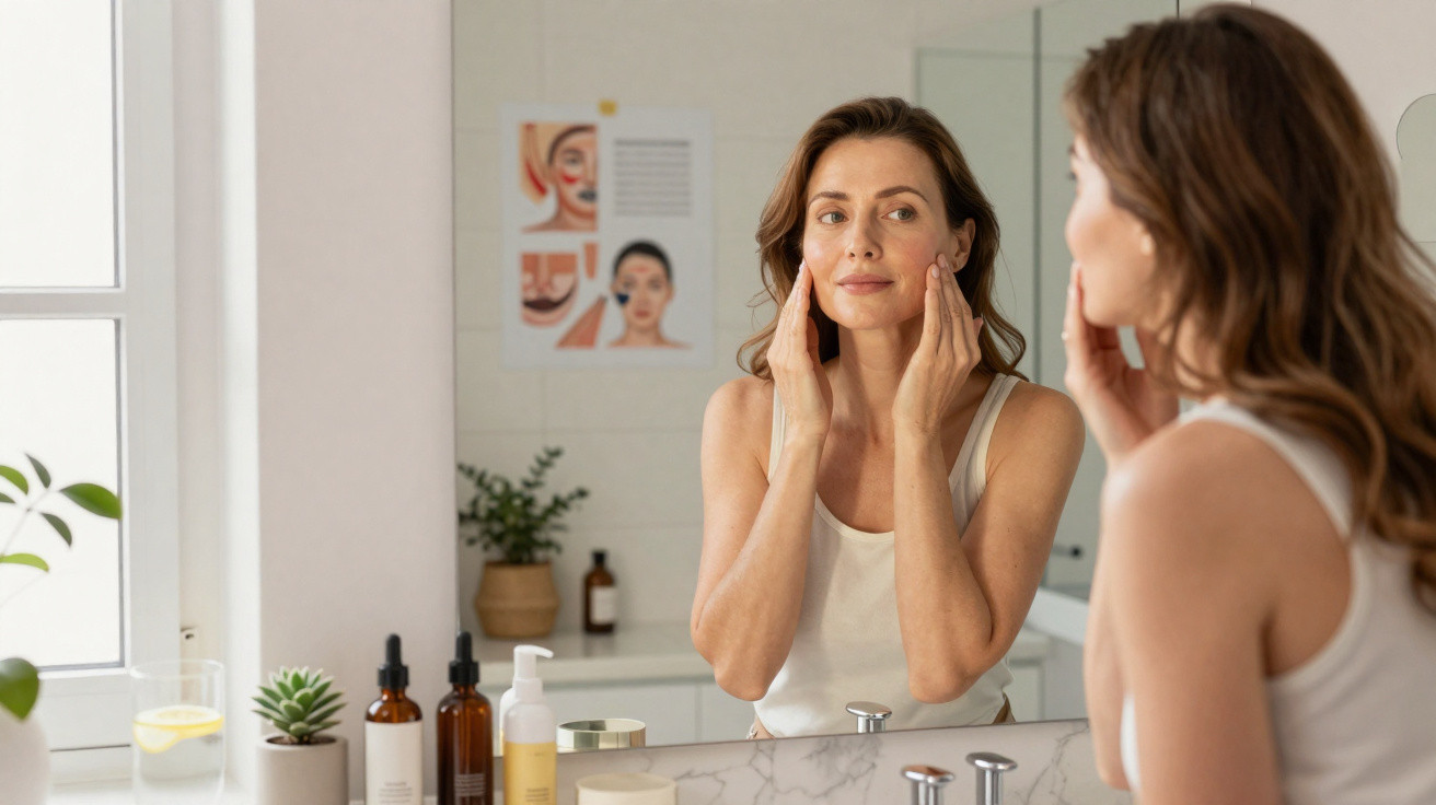Woman gently touching her face while looking in the bathroom mirror with skincare products on the counter.