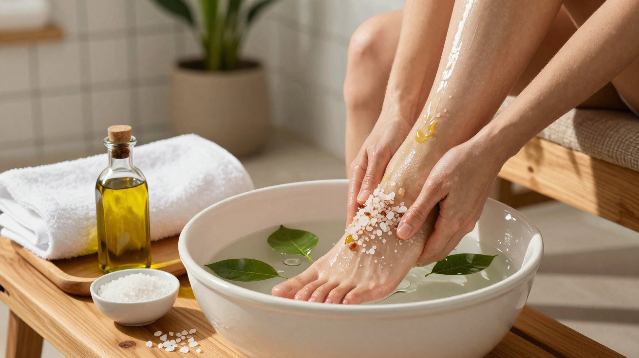 Person soaking feet in a bowl with salt and leaves, next to a towel, oil bottle, and salt bowl on a wooden tray.