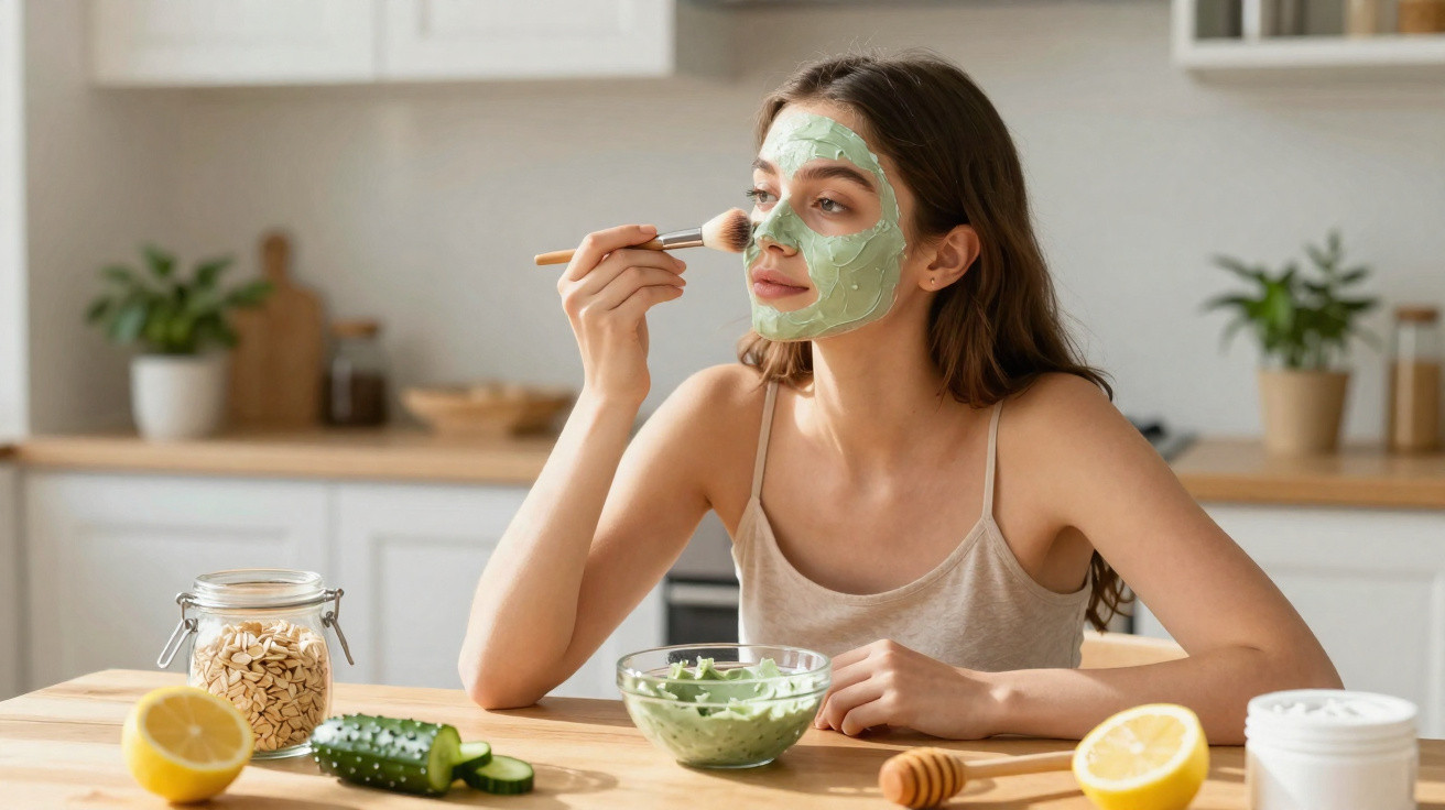 Young woman applying green facial mask with brush at kitchen table surrounded by natural ingredients.