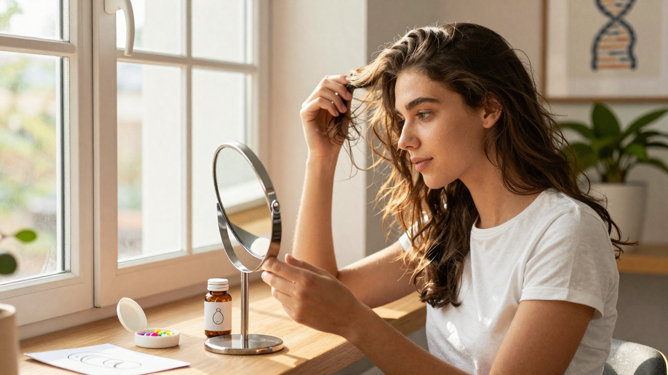 Young woman with wavy brown hair looking into a round mirror by a window with vitamins on the table.