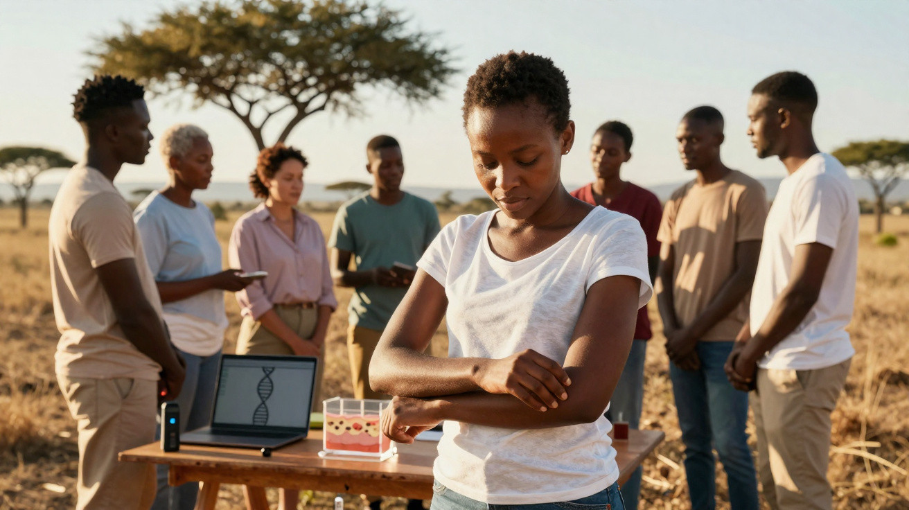 Young woman in white t-shirt stands with arms crossed as group of people discuss at outdoor science table.