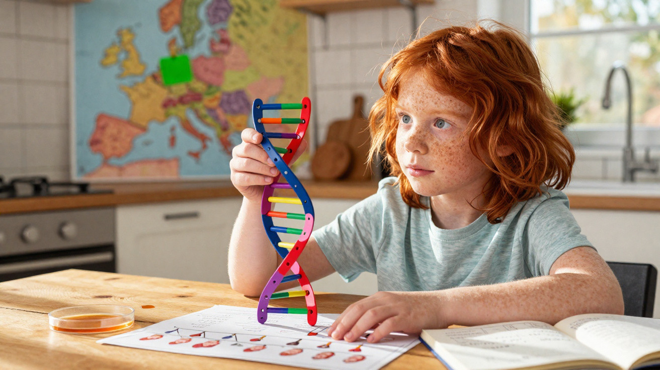 Red-haired child studying a colourful DNA model at a wooden table with educational materials and a map in the background.