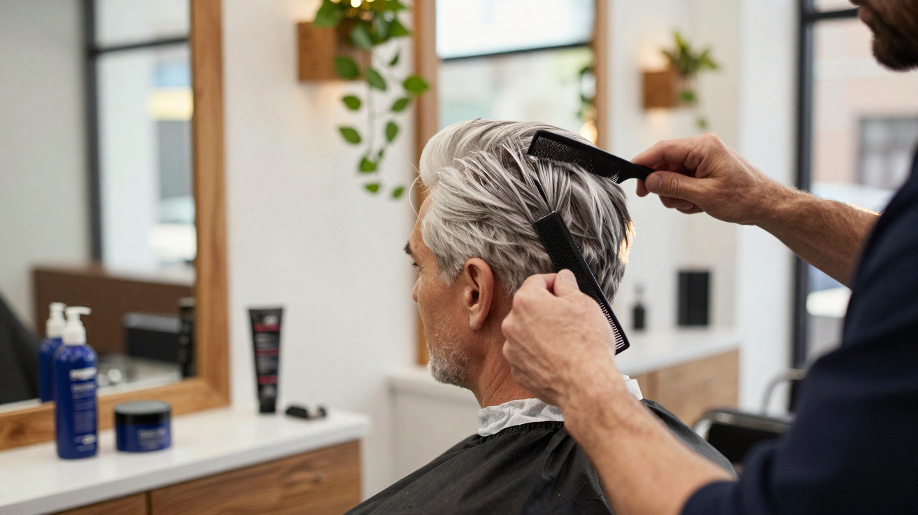 Barber combing grey hair of male client in modern barbershop with mirrors and plants in background.