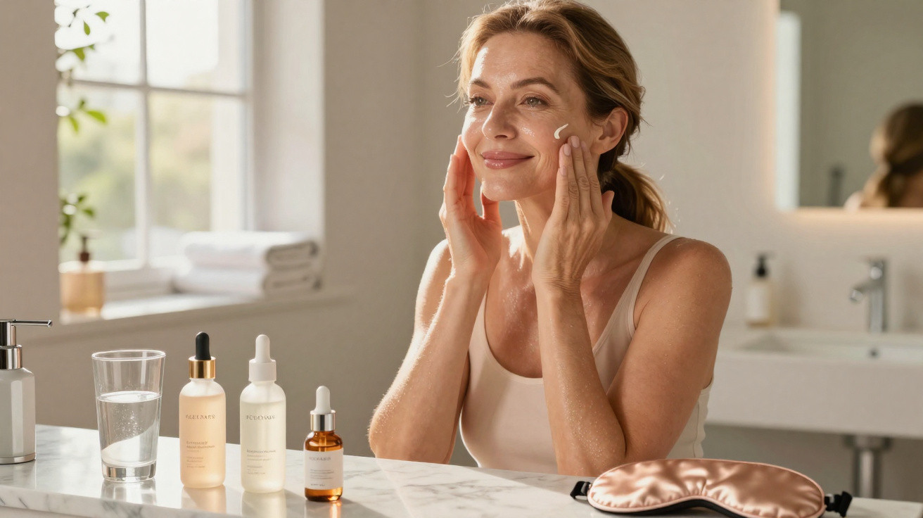 Woman applying face cream in a bright bathroom at a marble countertop with skincare bottles and a sleep mask.