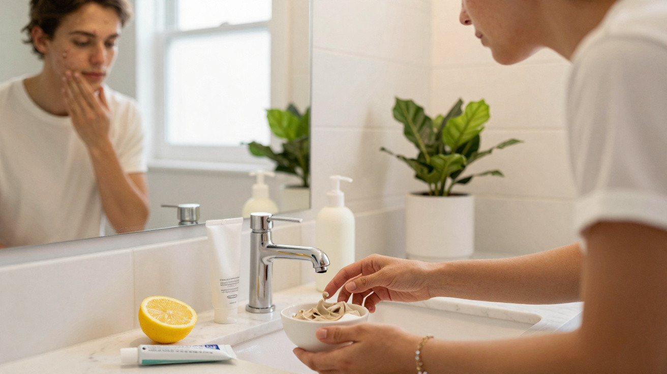 Person examining acne in the mirror while preparing a natural skincare treatment with lemon and clay in the bathroom.